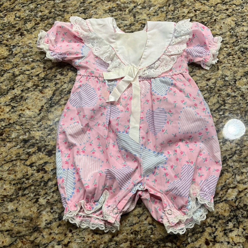 Broadway‎ Kids Vintage Pink Floral Heart Bubble Romper Lace Collar 18M
